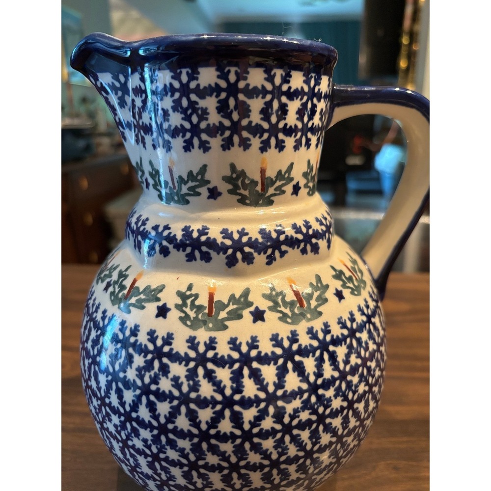 Boleslawiec Polish Pottery Pitcher Snowflake Holly Candle Hand Made Poland Blue - Picture 2 of 10